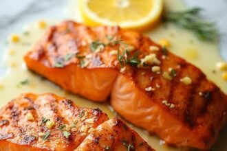 "Overhead shot of grilled salmon with lemon butter sauce and fresh dill on a white marble background"