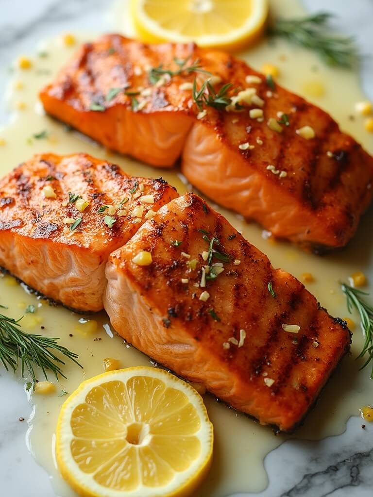 "Overhead shot of grilled salmon with lemon butter sauce and fresh dill on a white marble background"