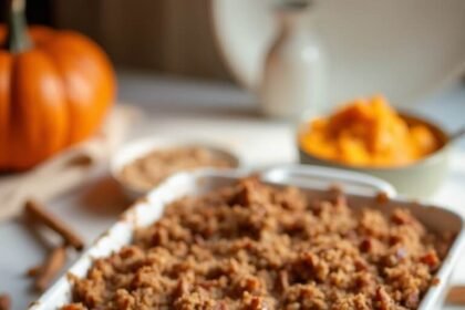 "Holiday pumpkin-cauliflower casserole with caramelized pecan topping in a white dish on a marble countertop, surrounded by fresh pecans and cinnamon sticks, under warm natural lighting"