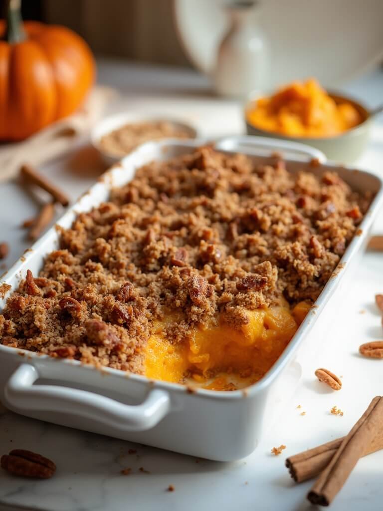 "Holiday pumpkin-cauliflower casserole with caramelized pecan topping in a white dish on a marble countertop, surrounded by fresh pecans and cinnamon sticks, under warm natural lighting"