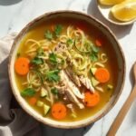 "Overhead shot of steaming homemade chicken noodle soup with shirataki and zucchini noodles in a rustic bowl on a white marble surface"