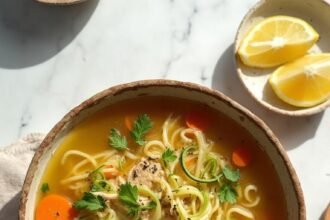 "Overhead shot of steaming homemade chicken noodle soup with shirataki and zucchini noodles in a rustic bowl on a white marble surface"
