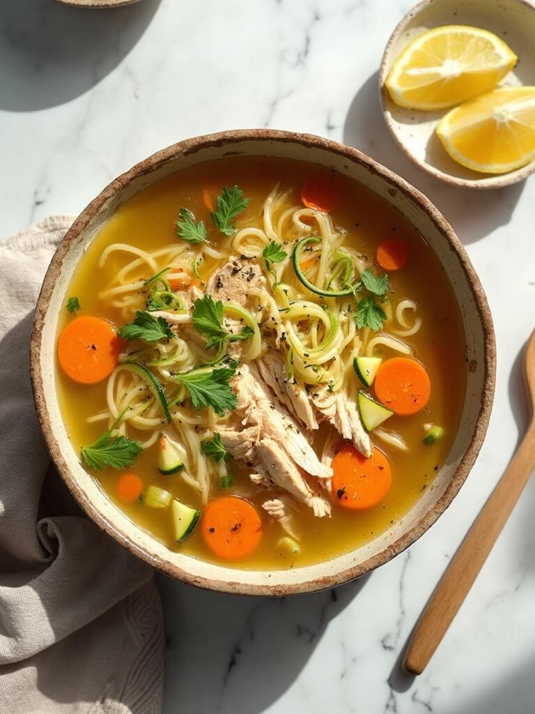 "Overhead shot of steaming homemade chicken noodle soup with shirataki and zucchini noodles in a rustic bowl on a white marble surface"