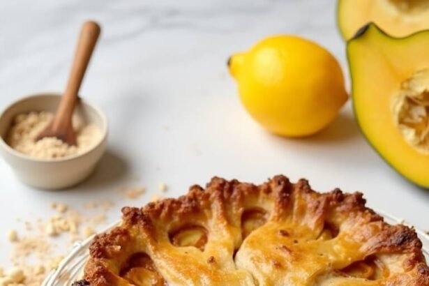 "Keto apple pie with a golden-brown almond flour crust on a cooling rack, with key ingredients like chayote squash, cinnamon, almond flour, and lemon in the background."