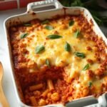 "Overhead shot of a freshly baked keto ziti casserole with cauliflower, three kinds of cheese, garnished with basil, on a marble countertop"