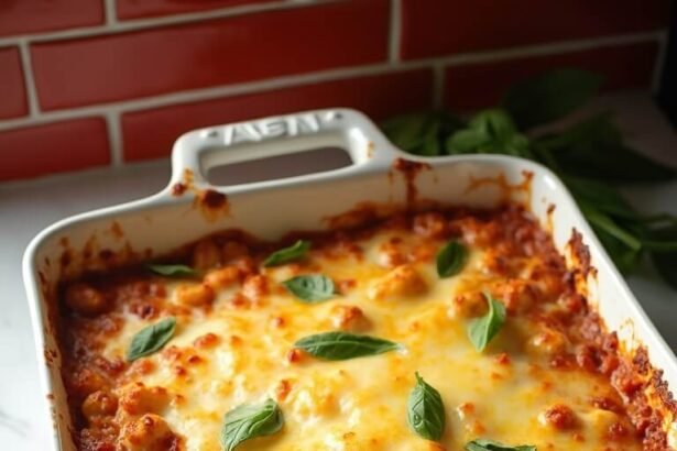 "Overhead shot of a freshly baked keto ziti casserole with cauliflower, three kinds of cheese, garnished with basil, on a marble countertop"