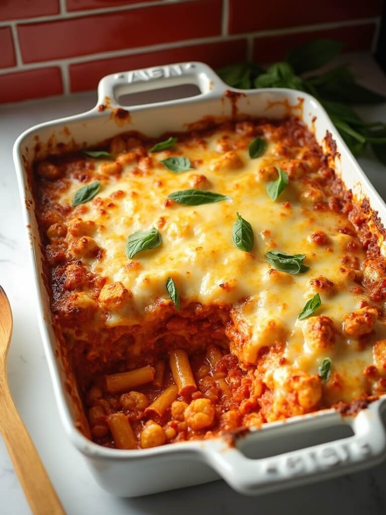 "Overhead shot of a freshly baked keto ziti casserole with cauliflower, three kinds of cheese, garnished with basil, on a marble countertop"