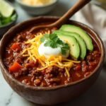 "Overhead view of a rustic bowl of hearty keto beef chili with cheddar, sour cream, and avocado garnish, resting on a white marble surface with a chili bar setup in the background"