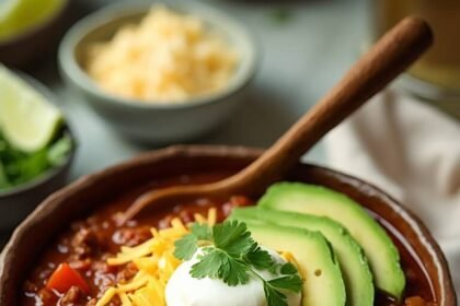 "Overhead view of a rustic bowl of hearty keto beef chili with cheddar, sour cream, and avocado garnish, resting on a white marble surface with a chili bar setup in the background"