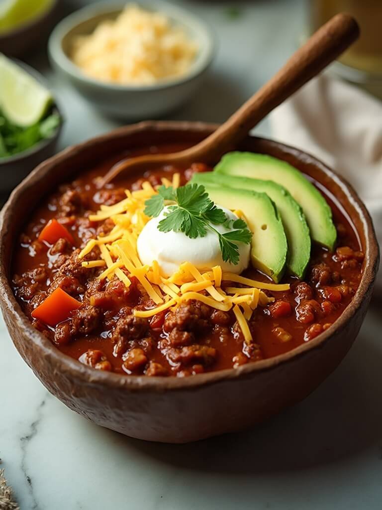 "Overhead view of a rustic bowl of hearty keto beef chili with cheddar, sour cream, and avocado garnish, resting on a white marble surface with a chili bar setup in the background"