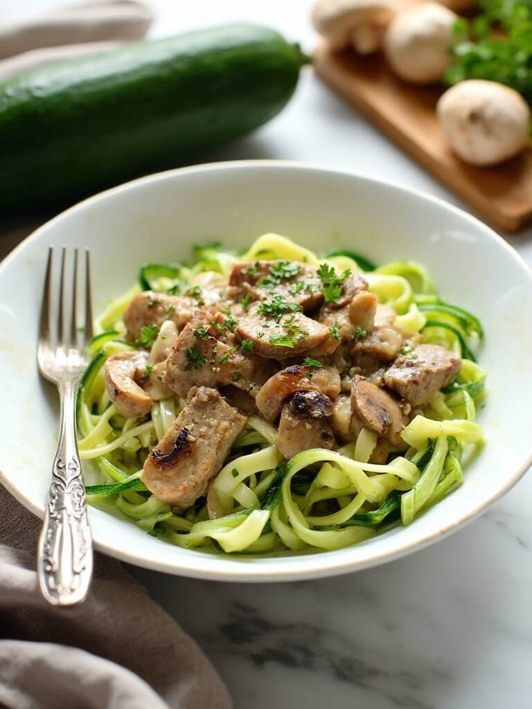 "Creamy beef stroganoff with zucchini noodles in a white bowl on marble countertop, with whole zucchini, mushrooms, and herbs in background"