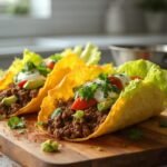 "Keto beef tacos with cheddar cheese shells and romaine lettuce wraps, filled with seasoned ground beef, garnished with avocado, cilantro, sour cream, and tomatoes on a rustic wooden board in a modern kitchen."