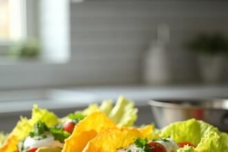 "Keto beef tacos with cheddar cheese shells and romaine lettuce wraps, filled with seasoned ground beef, garnished with avocado, cilantro, sour cream, and tomatoes on a rustic wooden board in a modern kitchen."