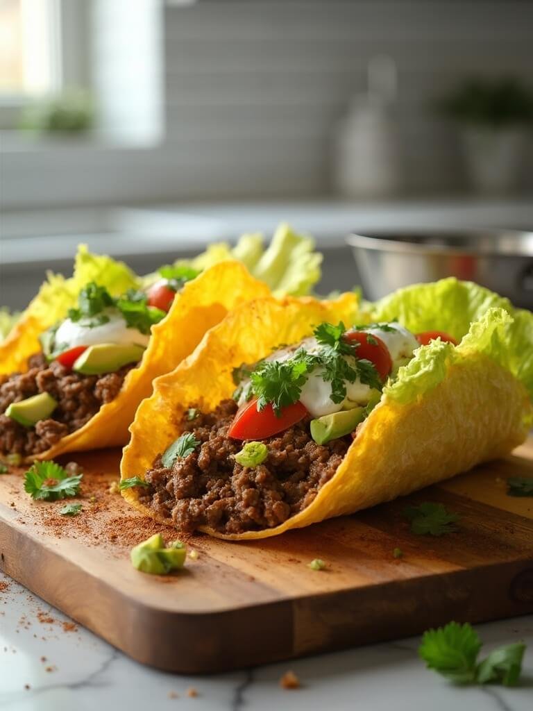 "Keto beef tacos with cheddar cheese shells and romaine lettuce wraps, filled with seasoned ground beef, garnished with avocado, cilantro, sour cream, and tomatoes on a rustic wooden board in a modern kitchen."
