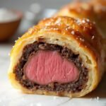 "Perfectly sliced keto beef wellington with medium-rare center, mushroom duxelles, and golden brown fathead dough crust on a white marble surface"