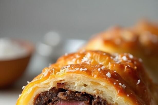 "Perfectly sliced keto beef wellington with medium-rare center, mushroom duxelles, and golden brown fathead dough crust on a white marble surface"