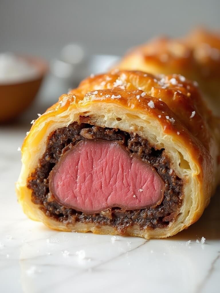 "Perfectly sliced keto beef wellington with medium-rare center, mushroom duxelles, and golden brown fathead dough crust on a white marble surface"