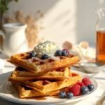 "Golden-brown keto Belgian waffles with berries, whipped cream, and sugar-free syrup on a white plate, surrounded by scattered almond and coconut flour ingredients on a marble countertop"