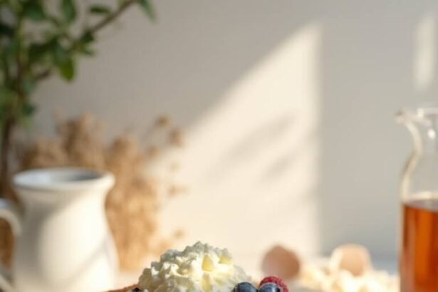 "Golden-brown keto Belgian waffles with berries, whipped cream, and sugar-free syrup on a white plate, surrounded by scattered almond and coconut flour ingredients on a marble countertop"