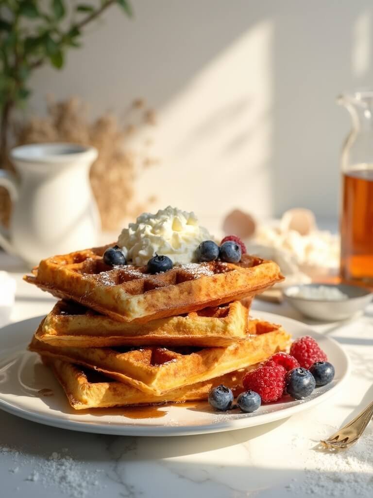 "Golden-brown keto Belgian waffles with berries, whipped cream, and sugar-free syrup on a white plate, surrounded by scattered almond and coconut flour ingredients on a marble countertop"