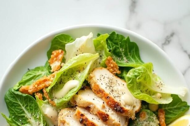 "Keto Caesar salad with homemade dressing, romaine lettuce, Parmesan crisps, grilled chicken, and a lemon wedge on a white plate against a marble background"
