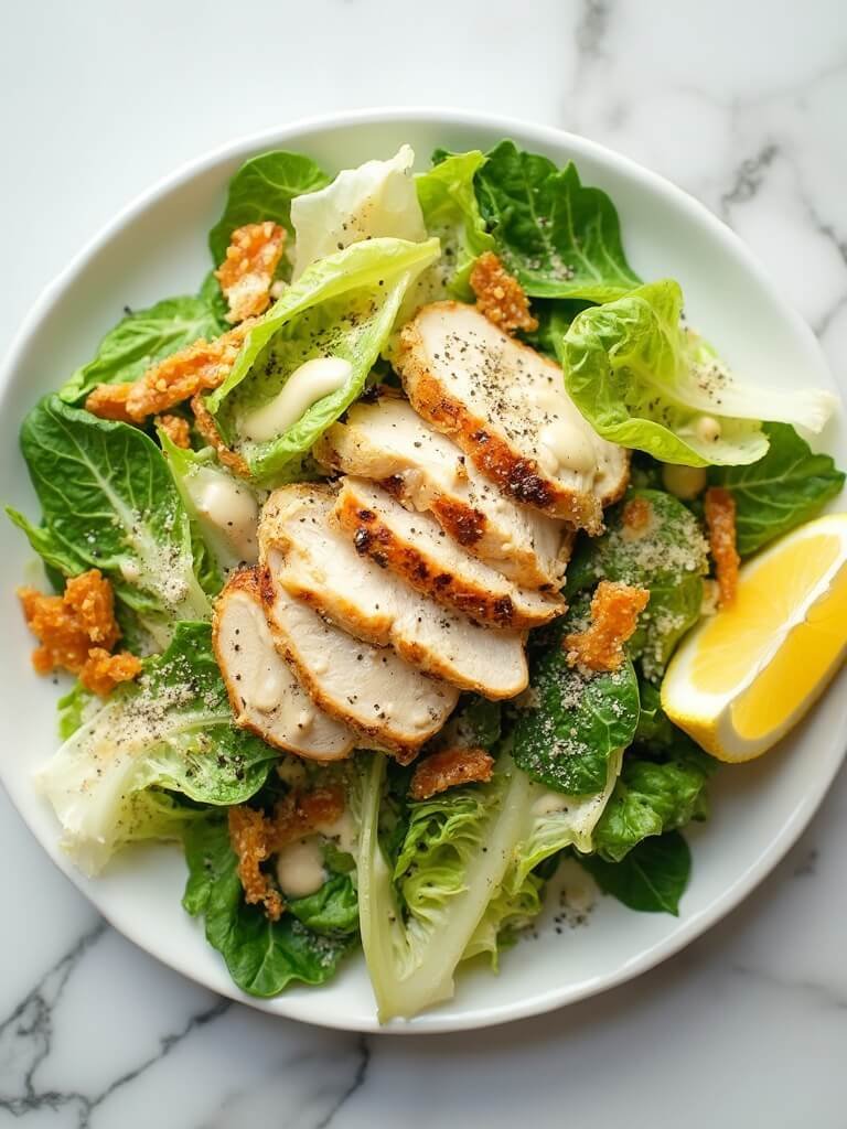 "Keto Caesar salad with homemade dressing, romaine lettuce, Parmesan crisps, grilled chicken, and a lemon wedge on a white plate against a marble background"