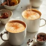 "Two steaming keto chai lattes with cinnamon and nutmeg garnish on a marble countertop, surrounded by various spices and tea making accessories under warm lighting."