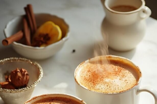 "Two steaming keto chai lattes with cinnamon and nutmeg garnish on a marble countertop, surrounded by various spices and tea making accessories under warm lighting."