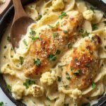 "Keto chicken alfredo with cauliflower and konjac noodles in cast iron skillet on white marble background"