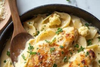 "Keto chicken alfredo with cauliflower and konjac noodles in cast iron skillet on white marble background"