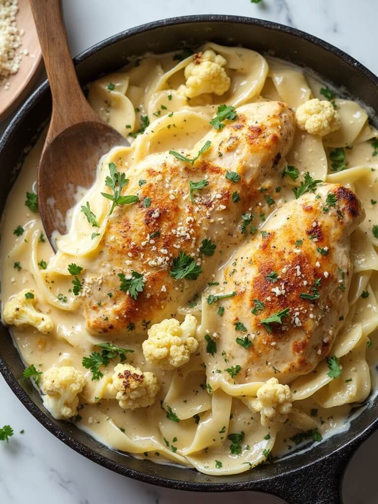 "Keto chicken alfredo with cauliflower and konjac noodles in cast iron skillet on white marble background"