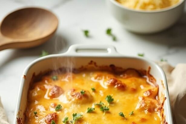 "Overhead shot of a keto chicken and cauliflower rice casserole with melted cheddar on a marble countertop"