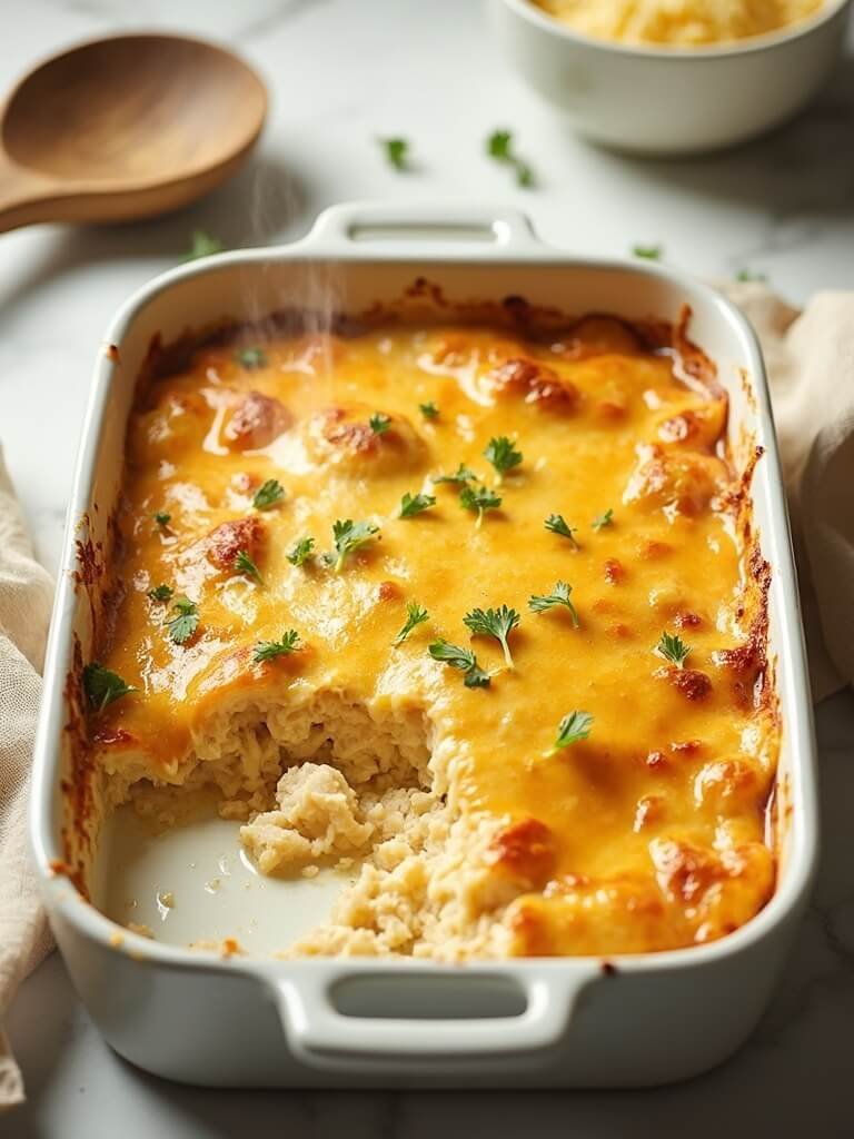 "Overhead shot of a keto chicken and cauliflower rice casserole with melted cheddar on a marble countertop"