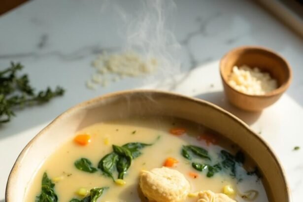 "Overhead shot of creamy keto chicken gnocchi soup with almond flour dumplings, served in a cream color ceramic bowl on a marble surface, accompanied by a wooden spoon and garnished with fresh thyme and Parmesan cheese."