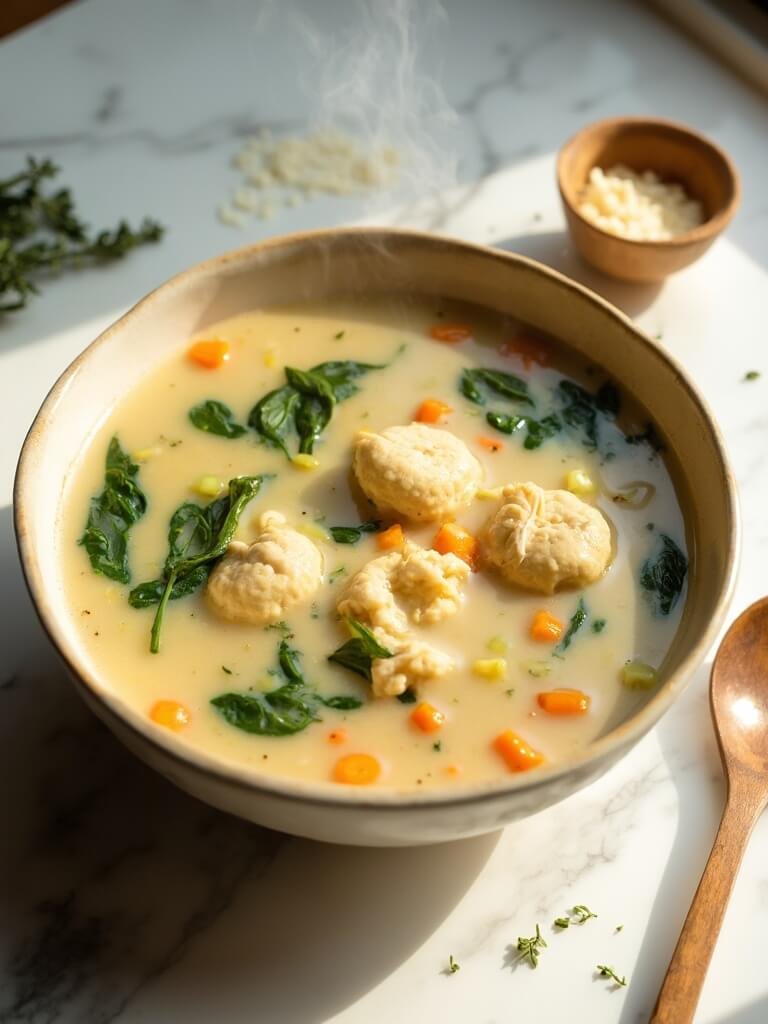 "Overhead shot of creamy keto chicken gnocchi soup with almond flour dumplings, served in a cream color ceramic bowl on a marble surface, accompanied by a wooden spoon and garnished with fresh thyme and Parmesan cheese."