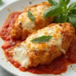 "Overhead shot of keto chicken parmesan with almond flour breading and melted mozzarella on a white plate"