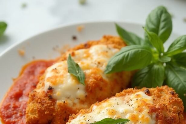 "Overhead shot of keto chicken parmesan with almond flour breading and melted mozzarella on a white plate"