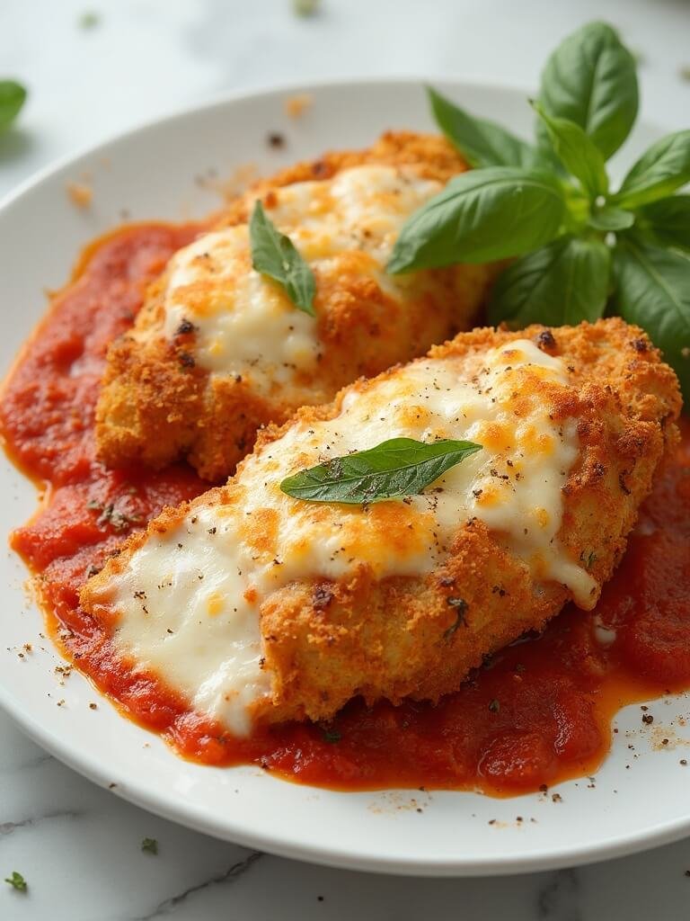 "Overhead shot of keto chicken parmesan with almond flour breading and melted mozzarella on a white plate"