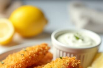 "Crispy keto chicken tenders with almond flour and parmesan coating on a white plate, accompanied by lemon wedges and ranch dipping sauce"