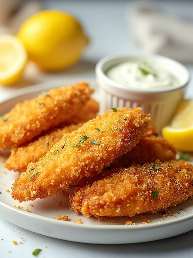 "Crispy keto chicken tenders with almond flour and parmesan coating on a white plate, accompanied by lemon wedges and ranch dipping sauce"