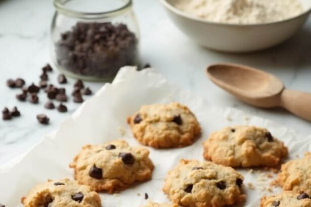 Freshly baked keto chocolate chip cookies made with almond and coconut flour on a marble countertop, with baking ingredients in the background.