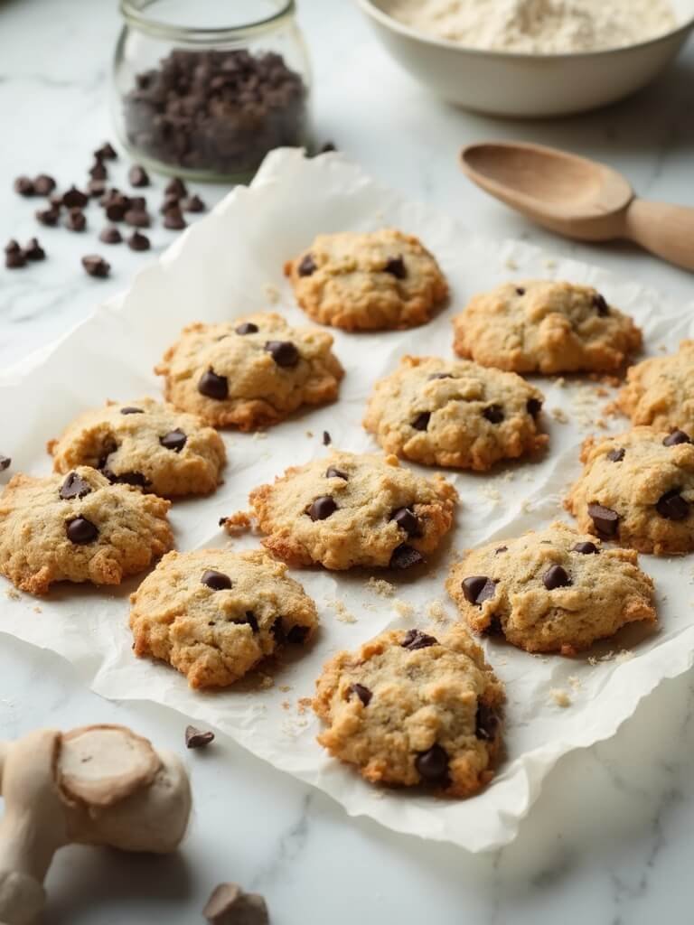 Freshly baked keto chocolate chip cookies made with almond and coconut flour on a marble countertop, with baking ingredients in the background.
