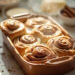 "Freshly baked keto cinnamon rolls with cream cheese glaze in a ceramic dish, with warm morning sunlight and bakery atmosphere"