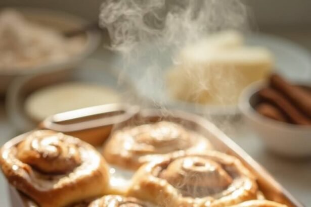 "Freshly baked keto cinnamon rolls with cream cheese glaze in a ceramic dish, with warm morning sunlight and bakery atmosphere"