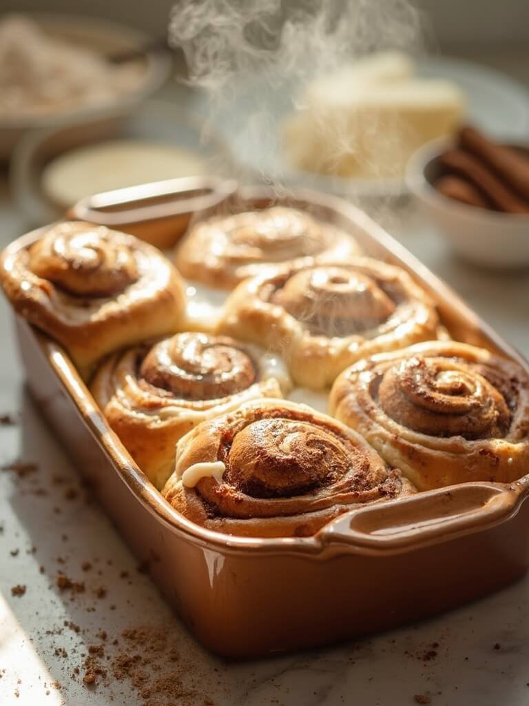 "Freshly baked keto cinnamon rolls with cream cheese glaze in a ceramic dish, with warm morning sunlight and bakery atmosphere"