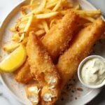 "Golden and crispy keto fish and chips with almond flour batter, served with turnip fries and tartar sauce on a white plate against a marble background"