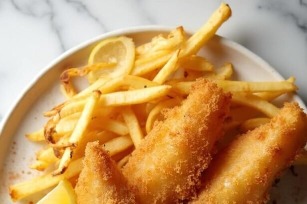 "Golden and crispy keto fish and chips with almond flour batter, served with turnip fries and tartar sauce on a white plate against a marble background"