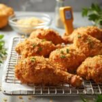 "Crispy keto fried chicken with golden coating on wire rack, accompanied by key ingredients and meat thermometer indicating perfect temperature, in a warm lit kitchen setup"