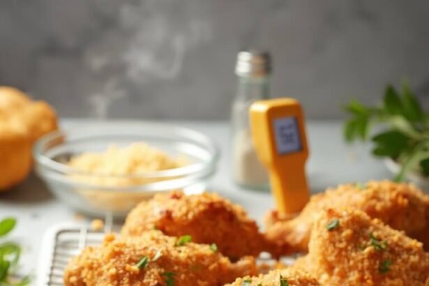 "Crispy keto fried chicken with golden coating on wire rack, accompanied by key ingredients and meat thermometer indicating perfect temperature, in a warm lit kitchen setup"