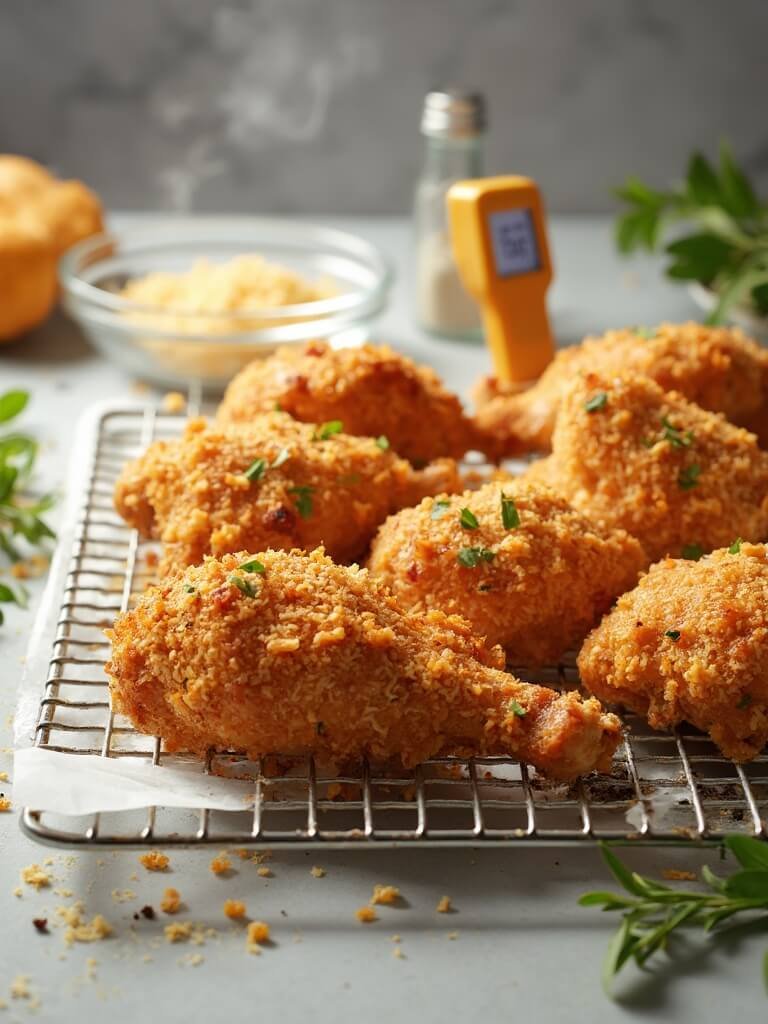 "Crispy keto fried chicken with golden coating on wire rack, accompanied by key ingredients and meat thermometer indicating perfect temperature, in a warm lit kitchen setup"